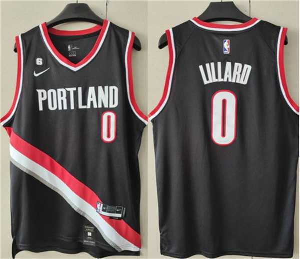 Mens Portland Trail Blazers #0 Damian Lillard Black With No.6 Patch Stitched Basketball Jersey